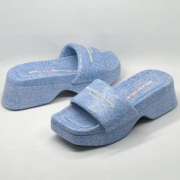 Alexander Wang Float Denim Print Leather Platform Sandals size 38 - Picture 9 of 11